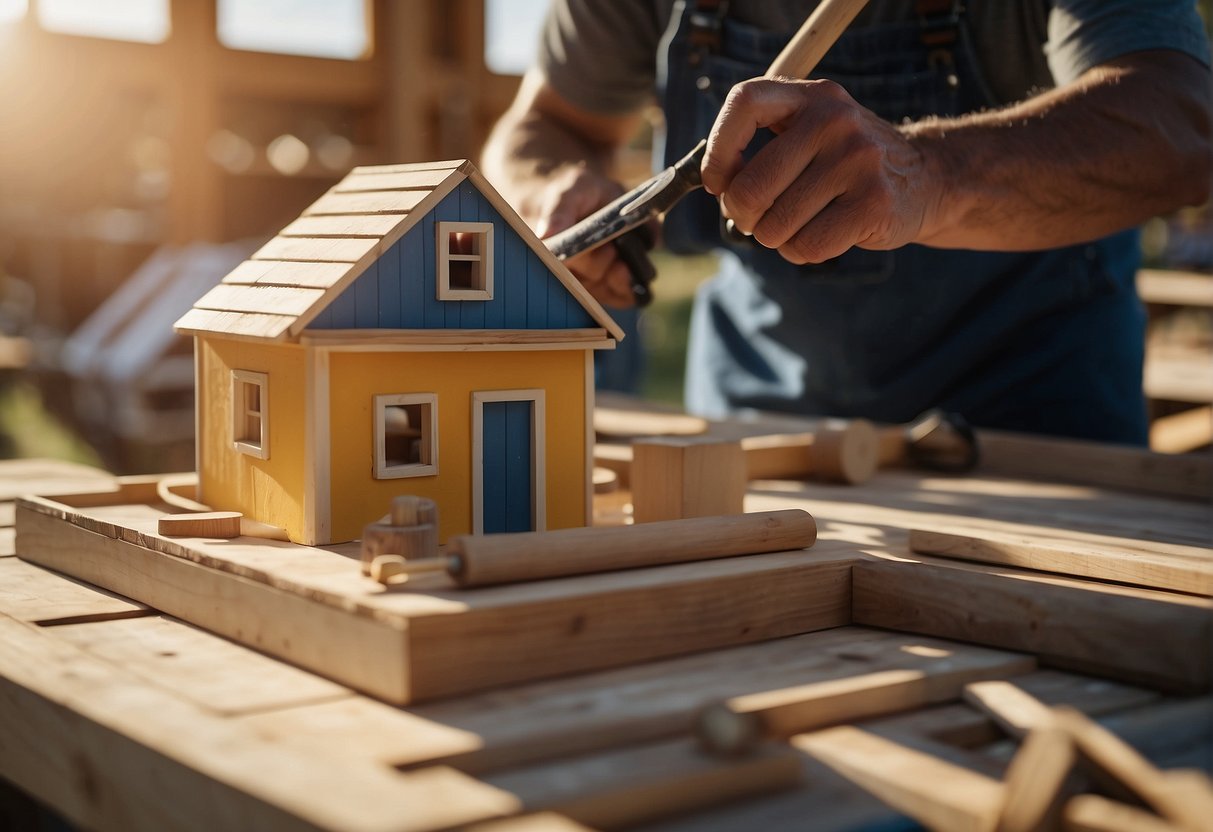 A tiny house takes shape, workers hammering, sawing, and painting. Materials stacked nearby, a blueprint on a table. The sun moves across the sky as the structure slowly rises