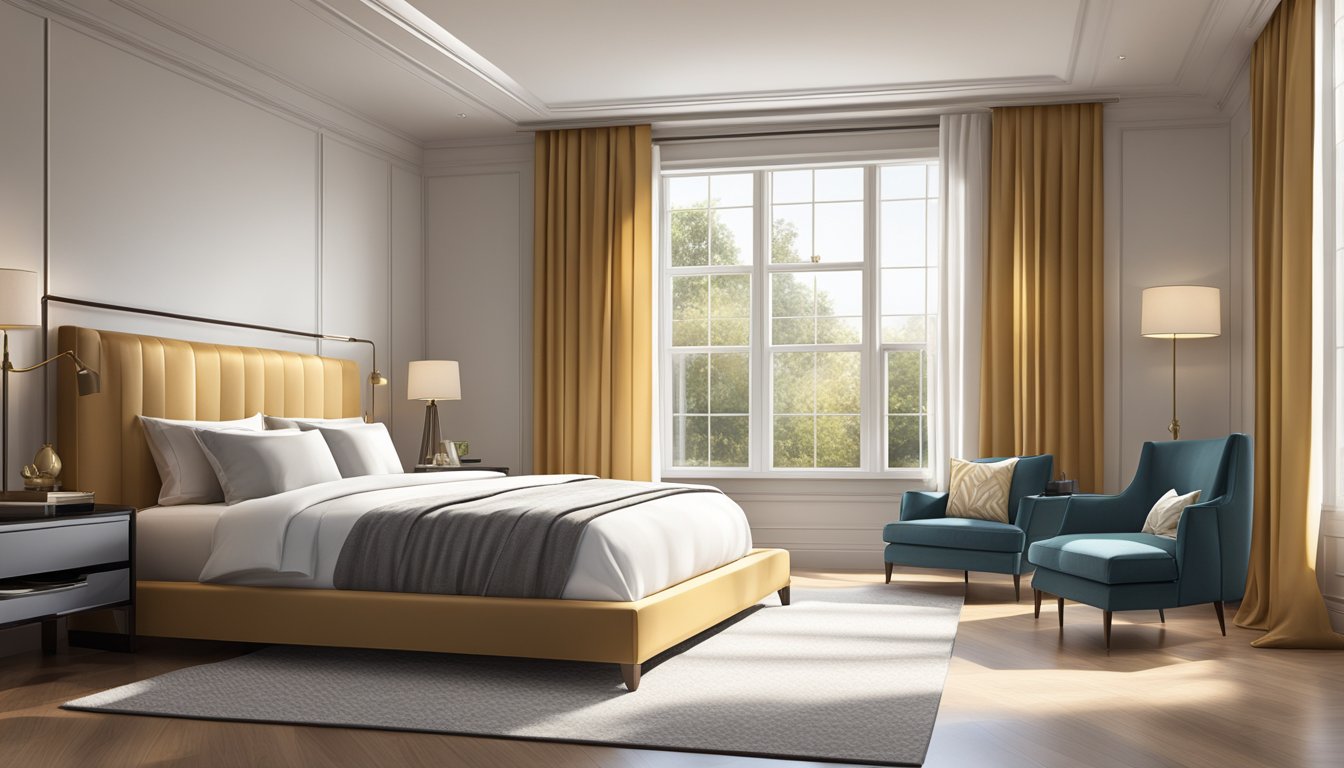 A spacious bedroom with a sleek, modern design. A luxurious king-size bed with a plush headboard and crisp, white linens. A large window lets in natural light, casting a warm glow over the room
