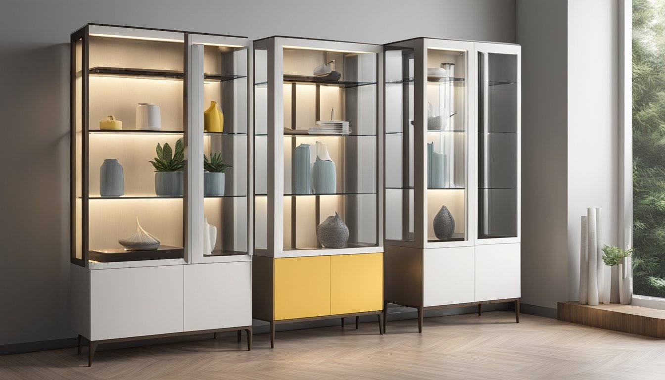 The glass display cabinet is illuminated with soft, warm lighting, casting a gentle glow on the items inside. The sleek, modern design of the cabinet features clean lines and transparent panels, creating a contemporary and elegant display