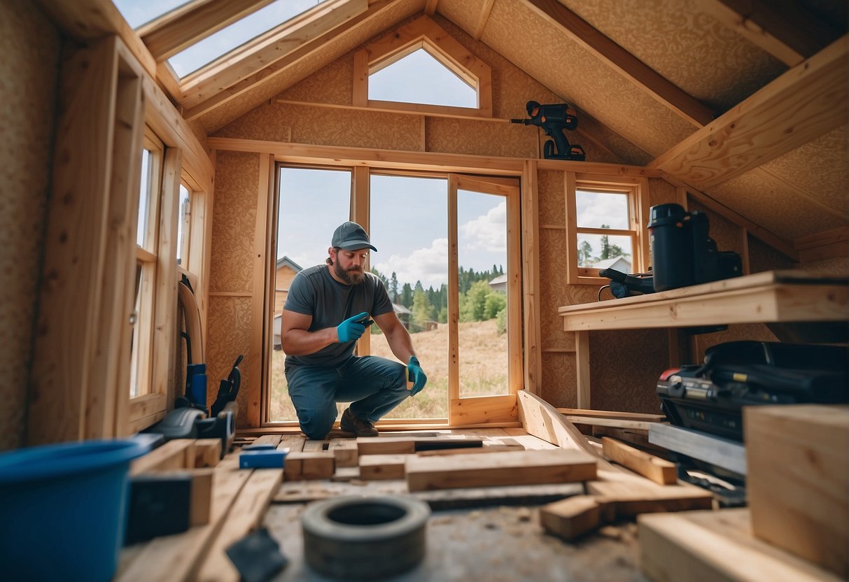 A carpenter constructs a tiny house, surrounded by tools and materials, under a clear blue sky