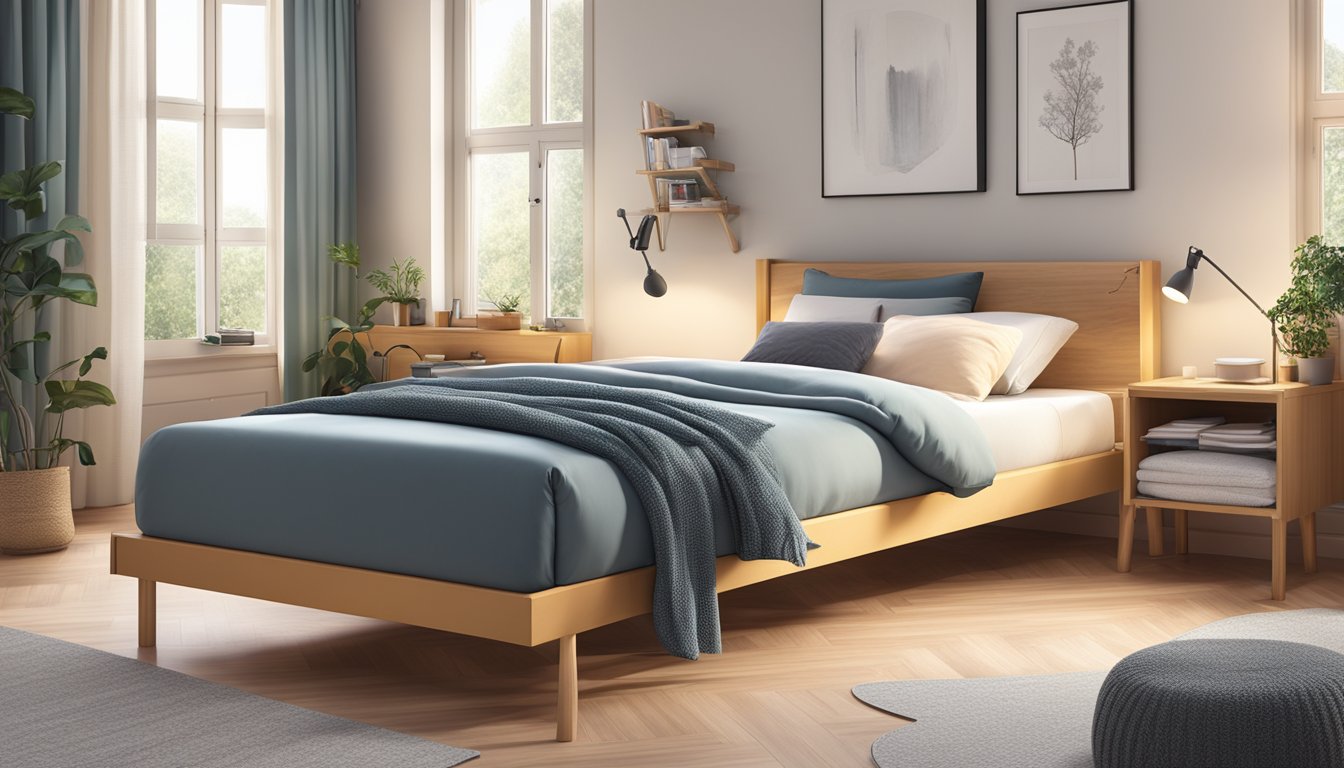 A single bed frame with practical features and add-ons in a cozy bedroom setting