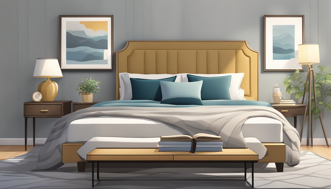 A king-size bed with plush pillows, a cozy throw blanket, and a sleek bedside table with a stylish lamp and a stack of books