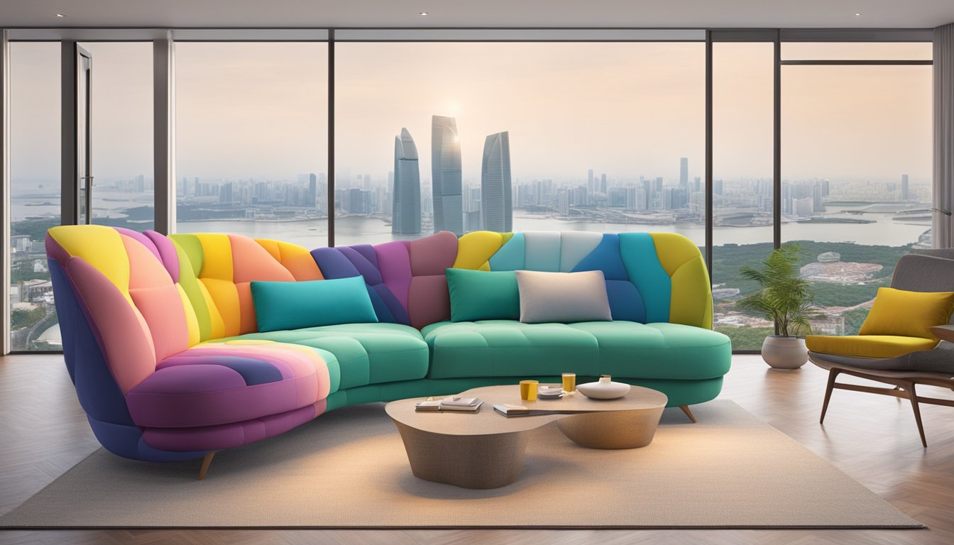 A colorful seahorse-shaped sofa sits in a bright, modern living room with a view of the Singapore skyline