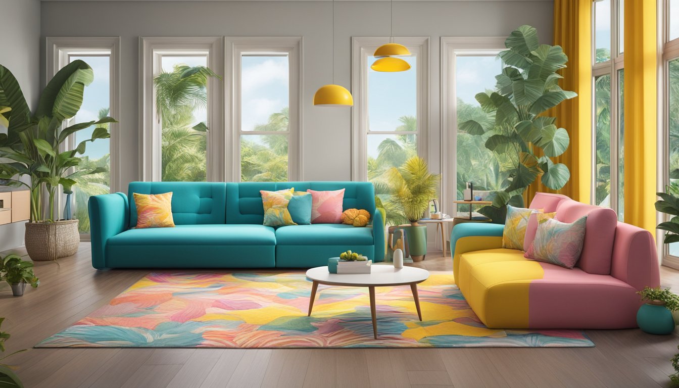 A seahorse-shaped sofa sits in a bright, modern living room in Singapore, surrounded by vibrant colors and tropical decor