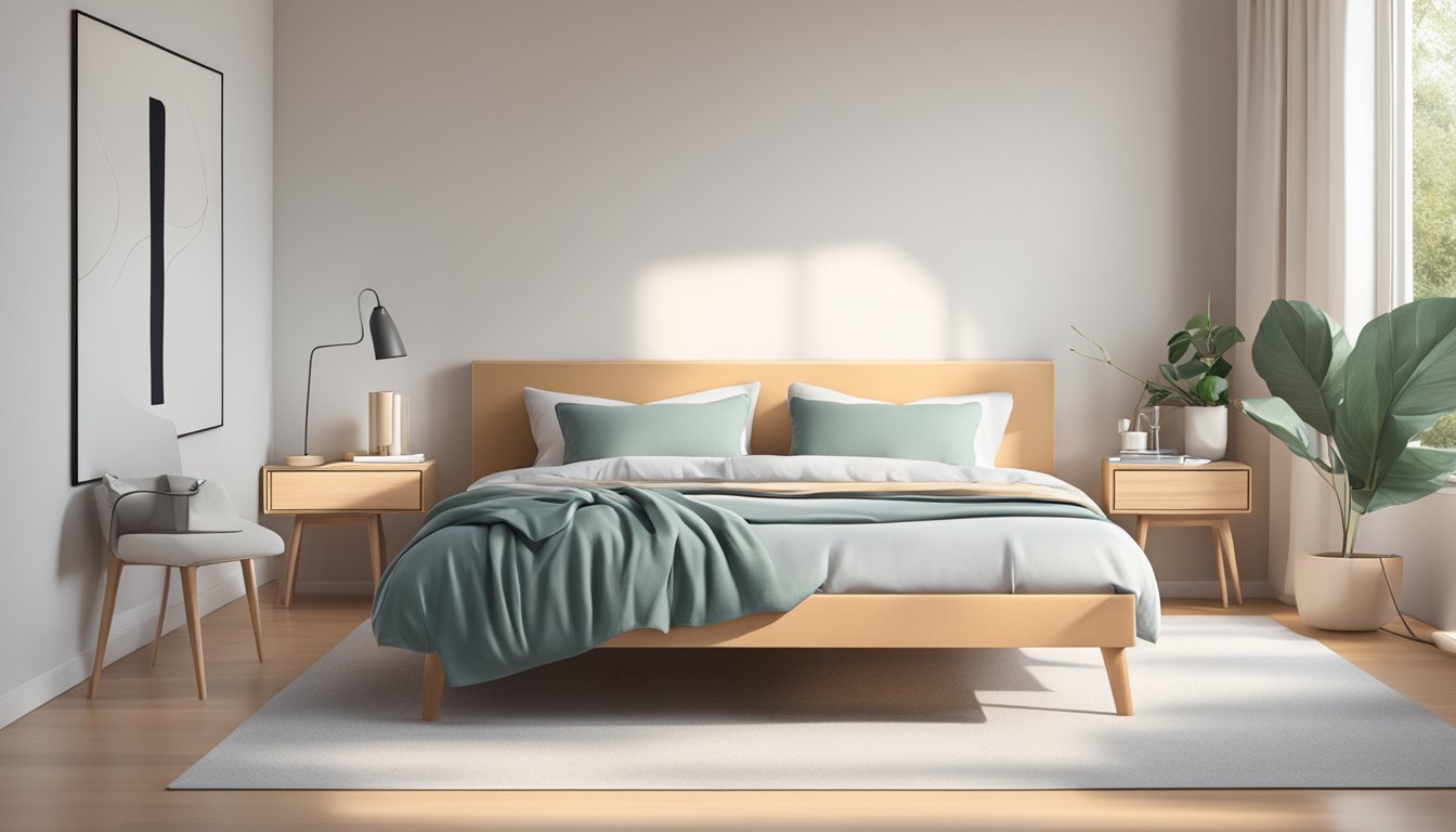 A single bed frame with clean lines and a minimalist design, set against a bright and airy bedroom backdrop