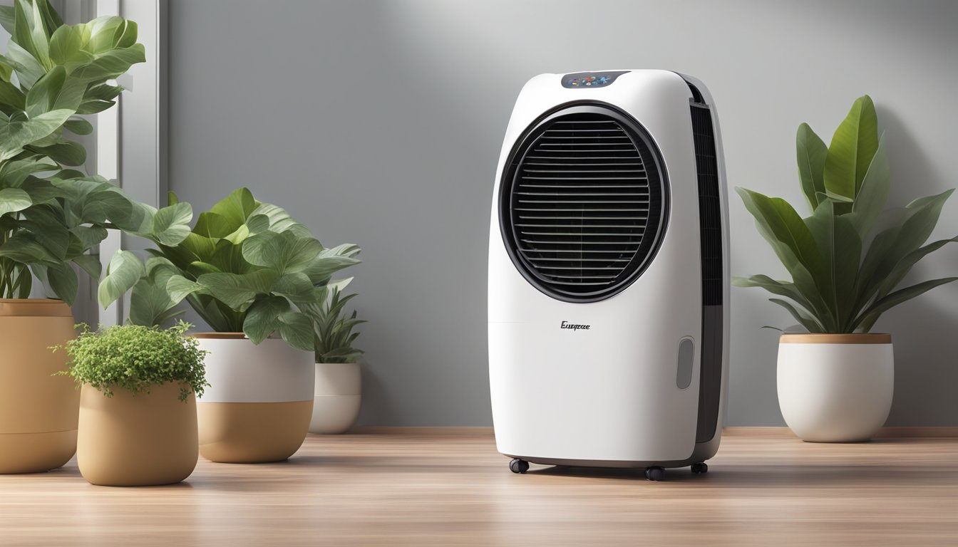 A Europace air cooler sits on a wooden table, surrounded by a few potted plants. The cool air is gently blowing, creating a refreshing and relaxing atmosphere