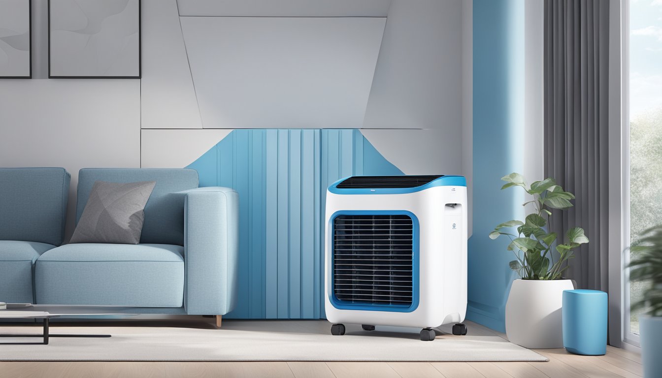 A person unpacks a Europace air cooler, revealing its sleek design and modern features. The cool blue and white color scheme adds a refreshing touch to the scene