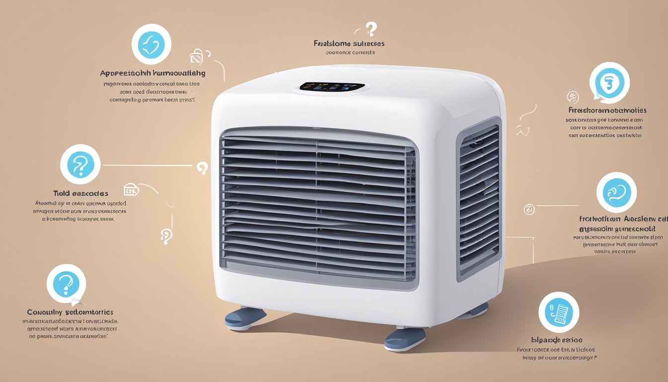 A tabletop Europace air cooler surrounded by various question marks and a list of frequently asked questions