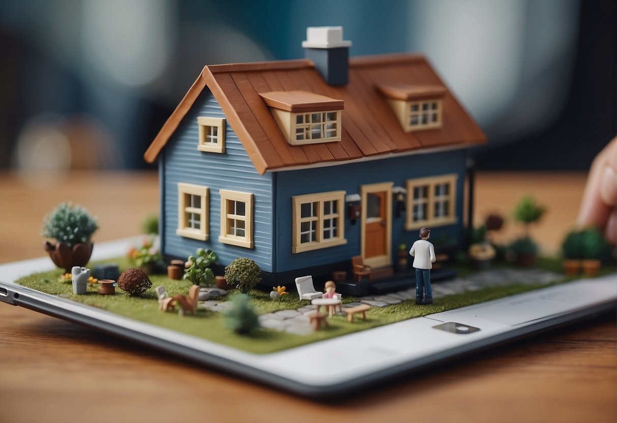 A tiny house sits on a scale, showing its weight. A person looks at the scale, holding a clipboard with notes