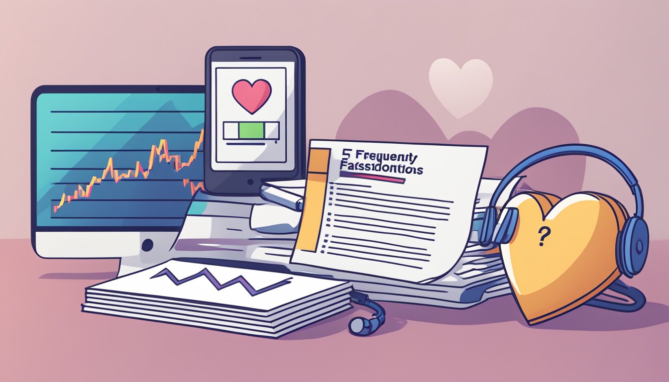 A stack of papers with "Frequently Asked Questions" on top, next to a heart rate monitor displaying a resting heart rate