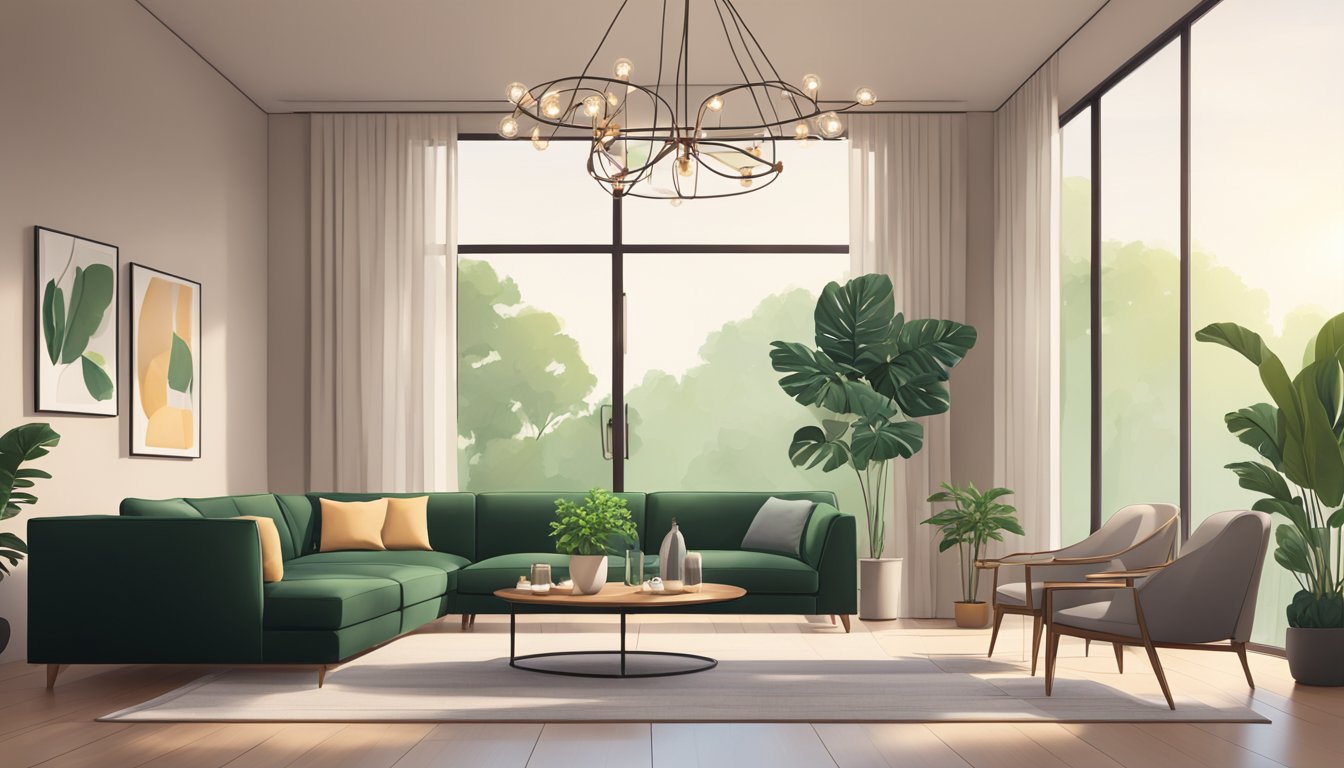 A cozy living room with modern furniture, warm lighting, and lush green plants. A sleek, minimalist dining area with a statement chandelier