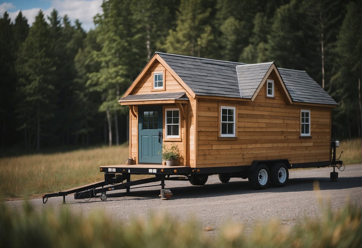 A tiny house sits on a flatbed trailer, ready for transport. The trailer is attached to a truck, and the house is secured with straps and supports