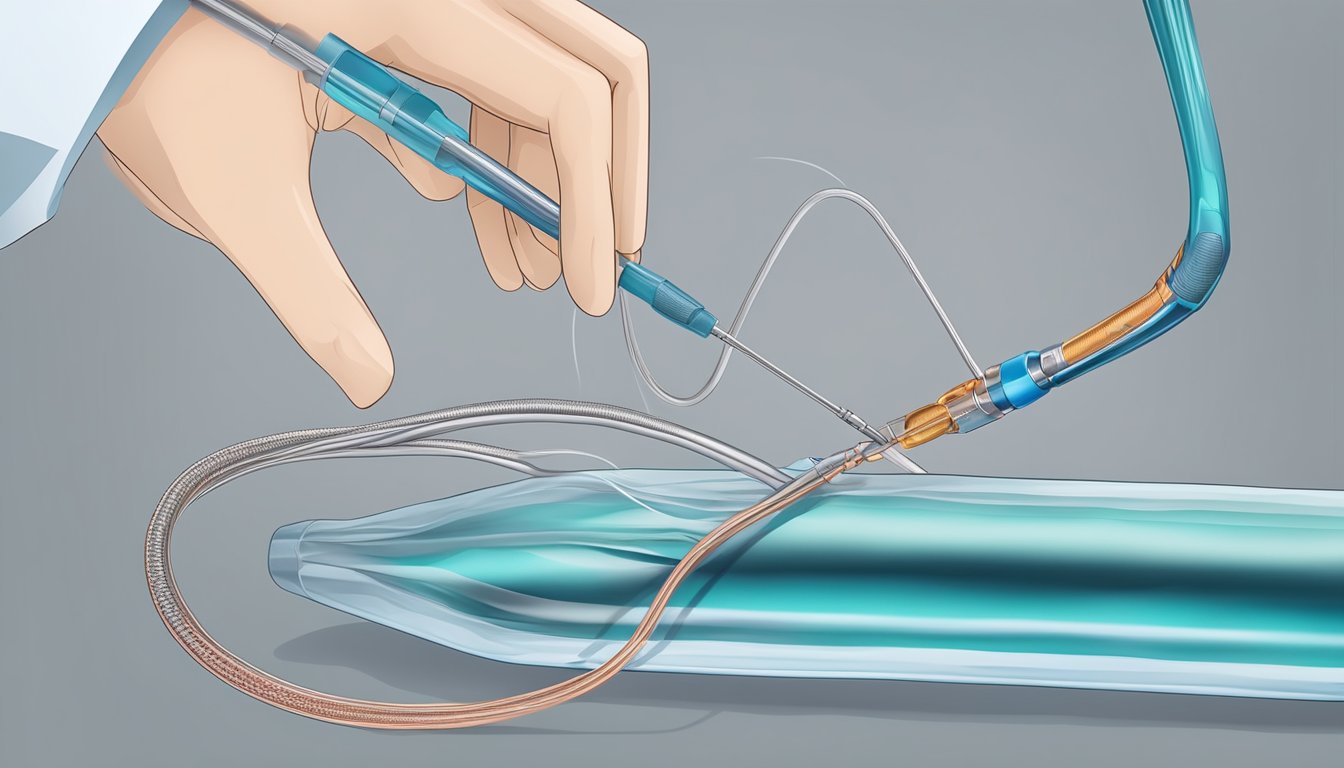 A stent being inserted into a narrow artery, with potential for blockage or rupture. Medical equipment and tools surround the procedure