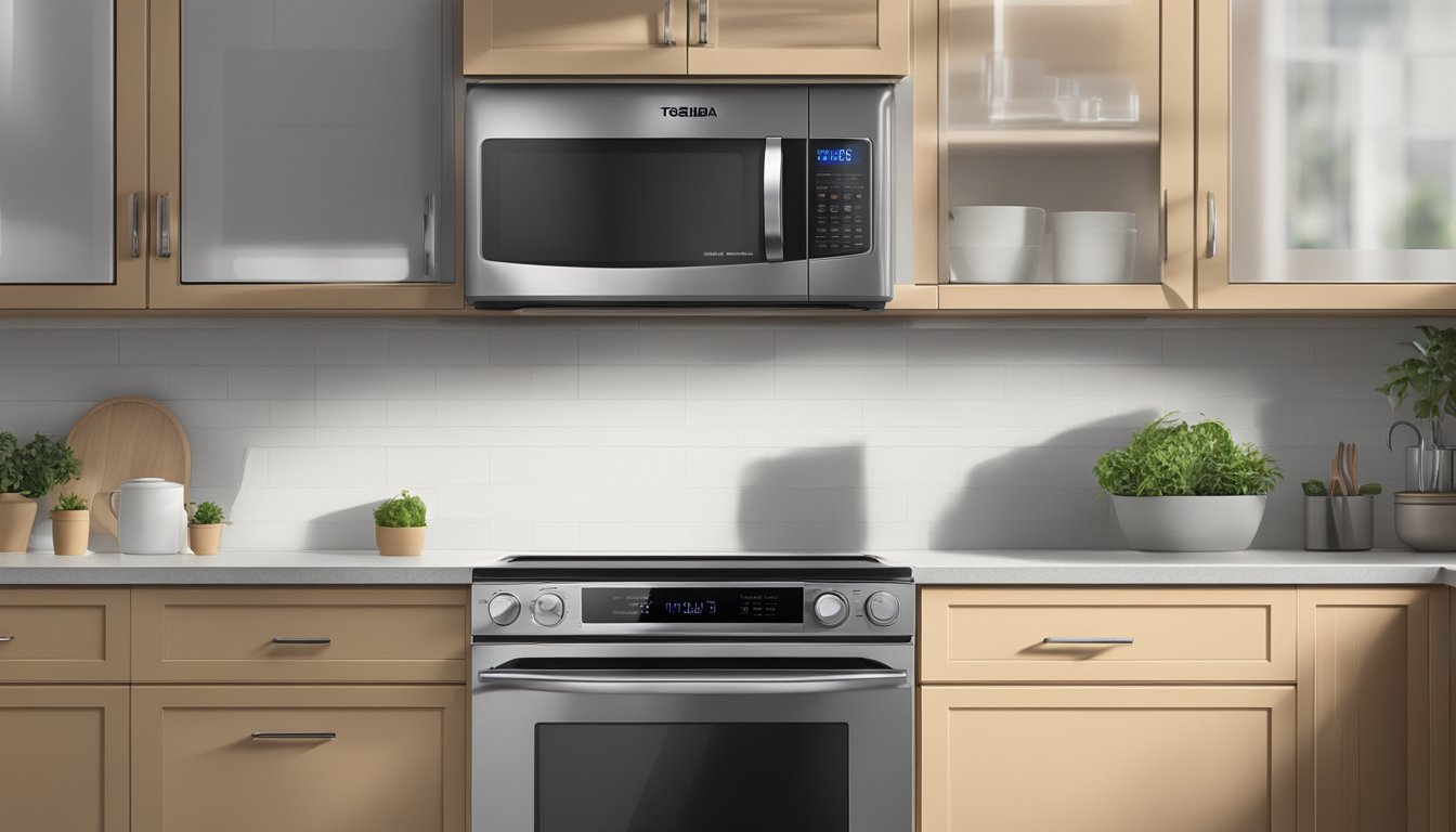 A Toshiba microwave sits on a clean kitchen countertop, its digital display glowing with the current time. The door is closed, and the appliance appears ready for use