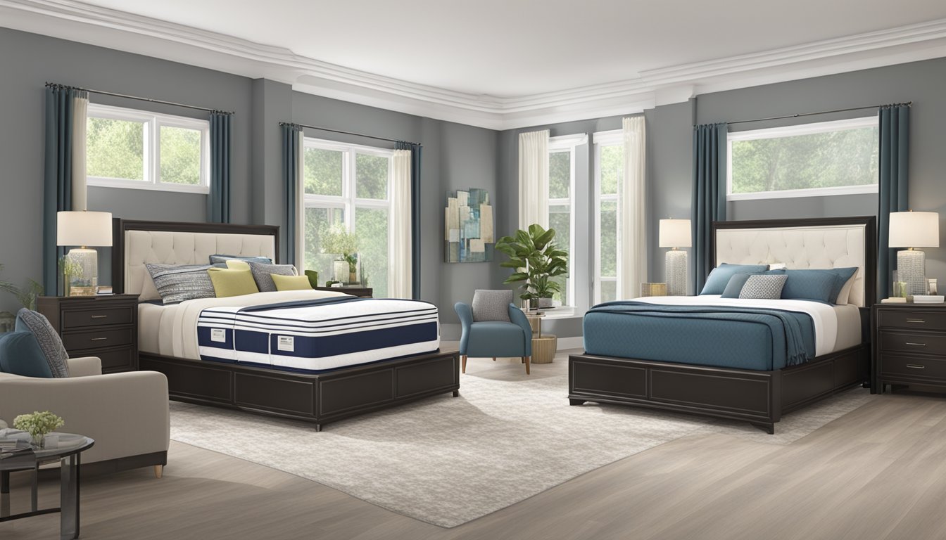 A showroom displays queen size beds for sale. Various styles and colors are showcased with accompanying price tags