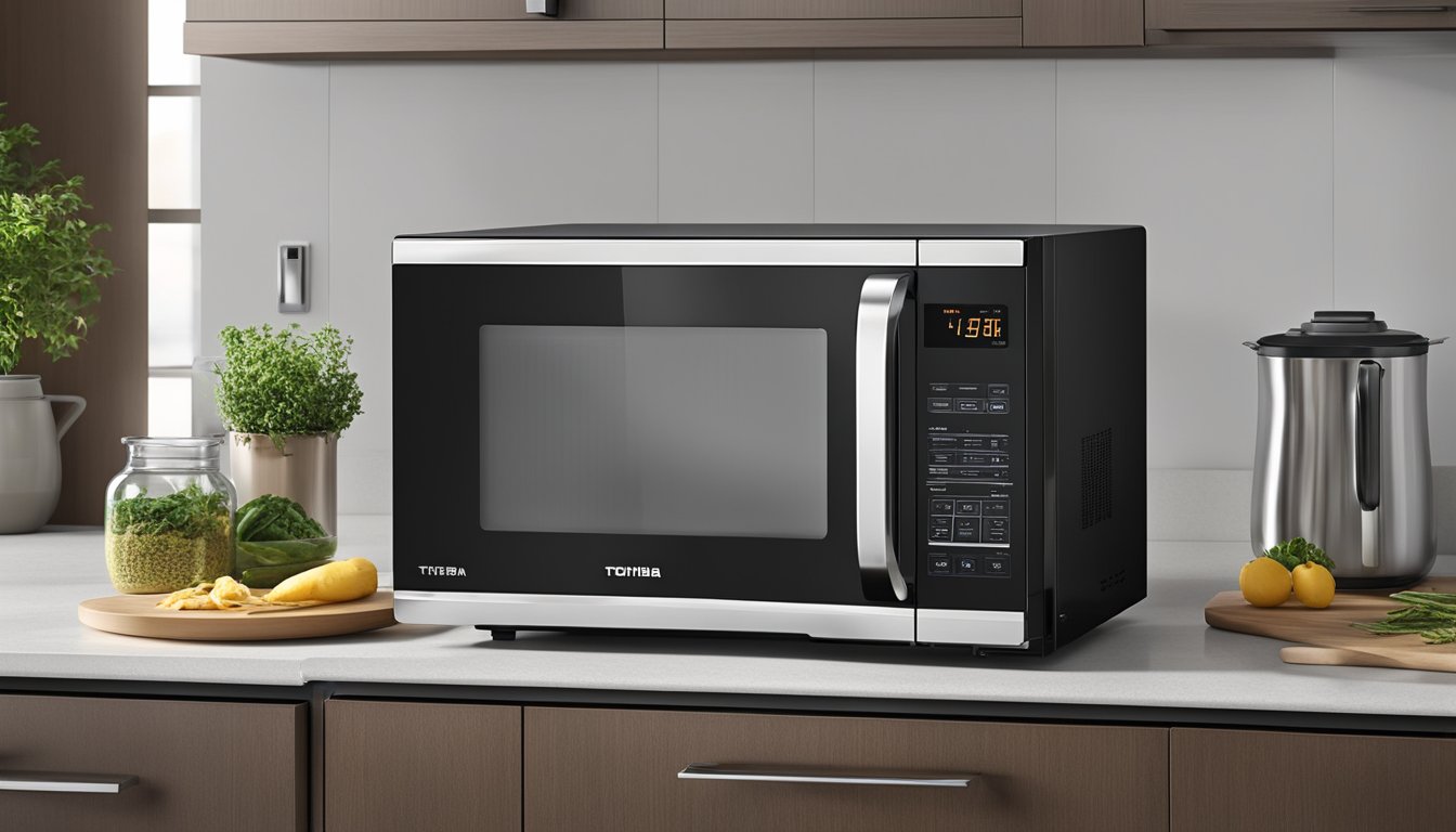 A sleek, modern Toshiba microwave sits on a clean kitchen countertop, with a digital display and easy-to-use buttons. Its spacious interior and powerful cooking capabilities make it perfect for busy households