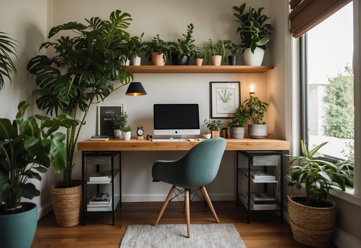 A cozy home office with a compact desk, organized shelves, natural light, and a comfortable chair, adorned with plants and artwork
