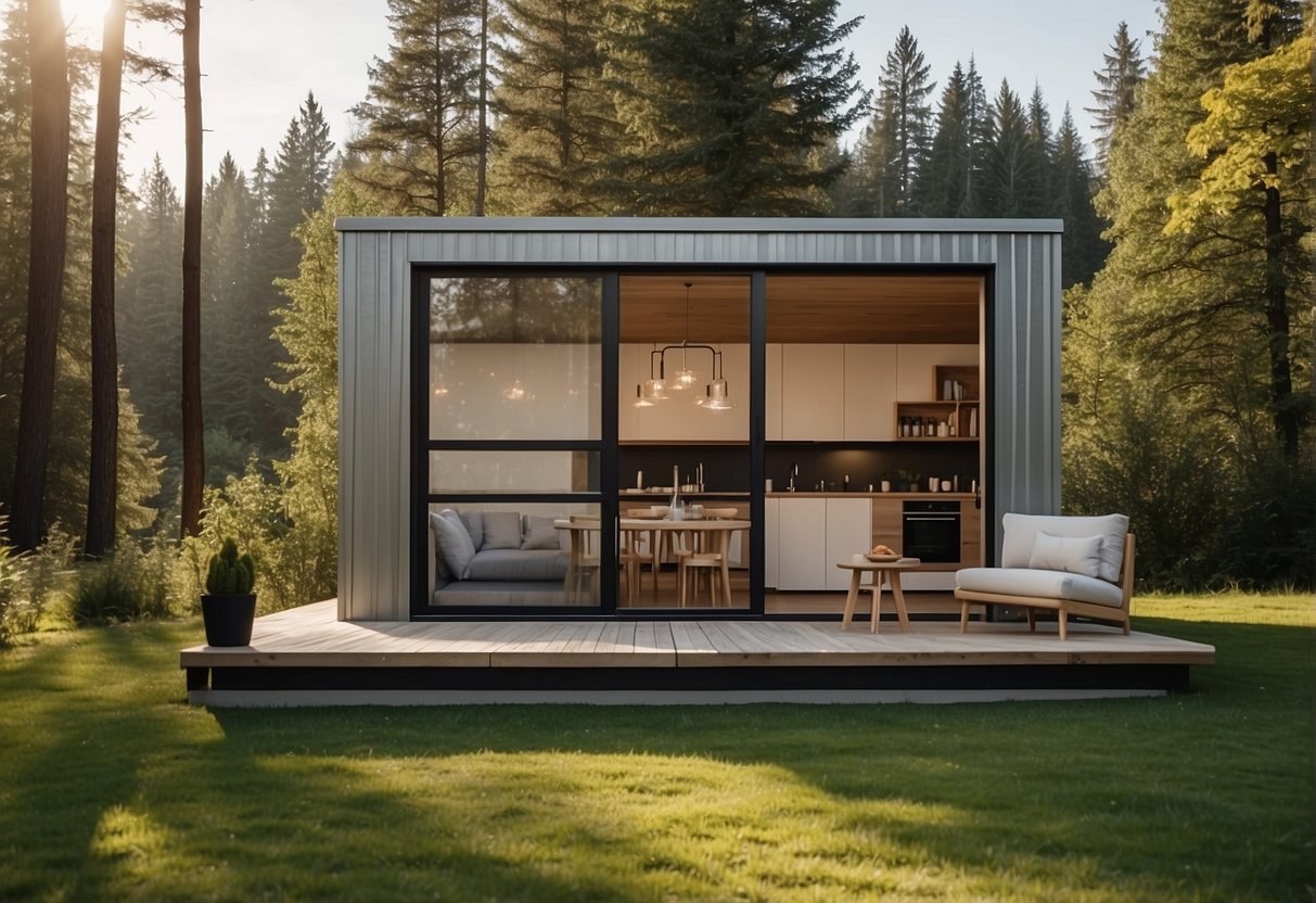 A cozy, compact dwelling with minimalistic furnishings and clever space-saving solutions. Surrounded by nature, with large windows and a small, functional kitchen