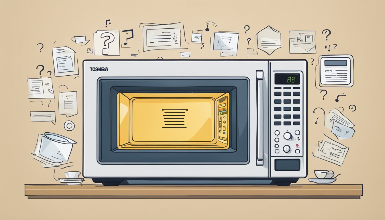 A Toshiba microwave surrounded by question marks and a list of frequently asked questions