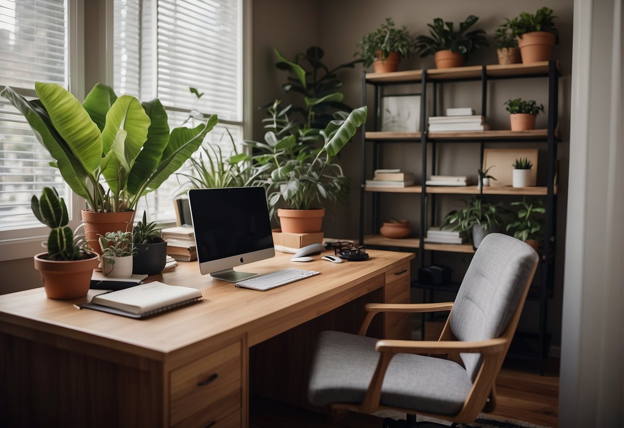 A cozy home office with a compact desk, efficient storage solutions, and natural lighting. Decor includes plants, artwork, and a comfortable chair