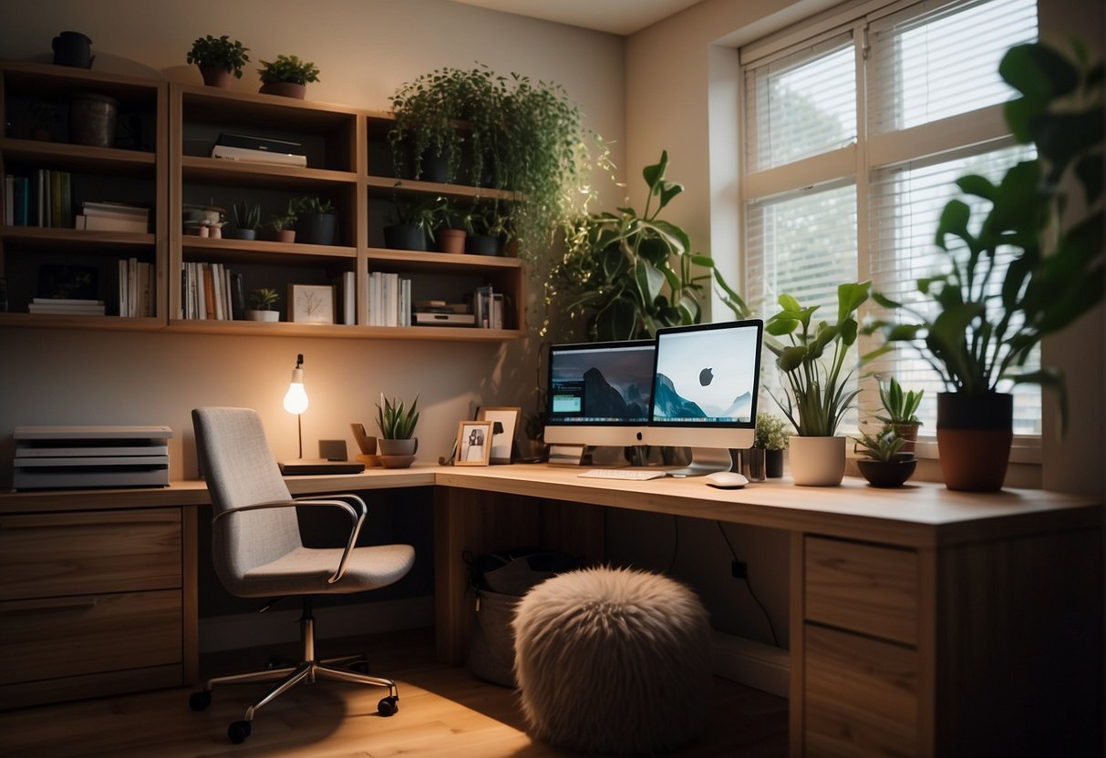A cozy home office with a sleek desk, ergonomic chair, and organized shelves. Soft lighting and green plants create a calming atmosphere