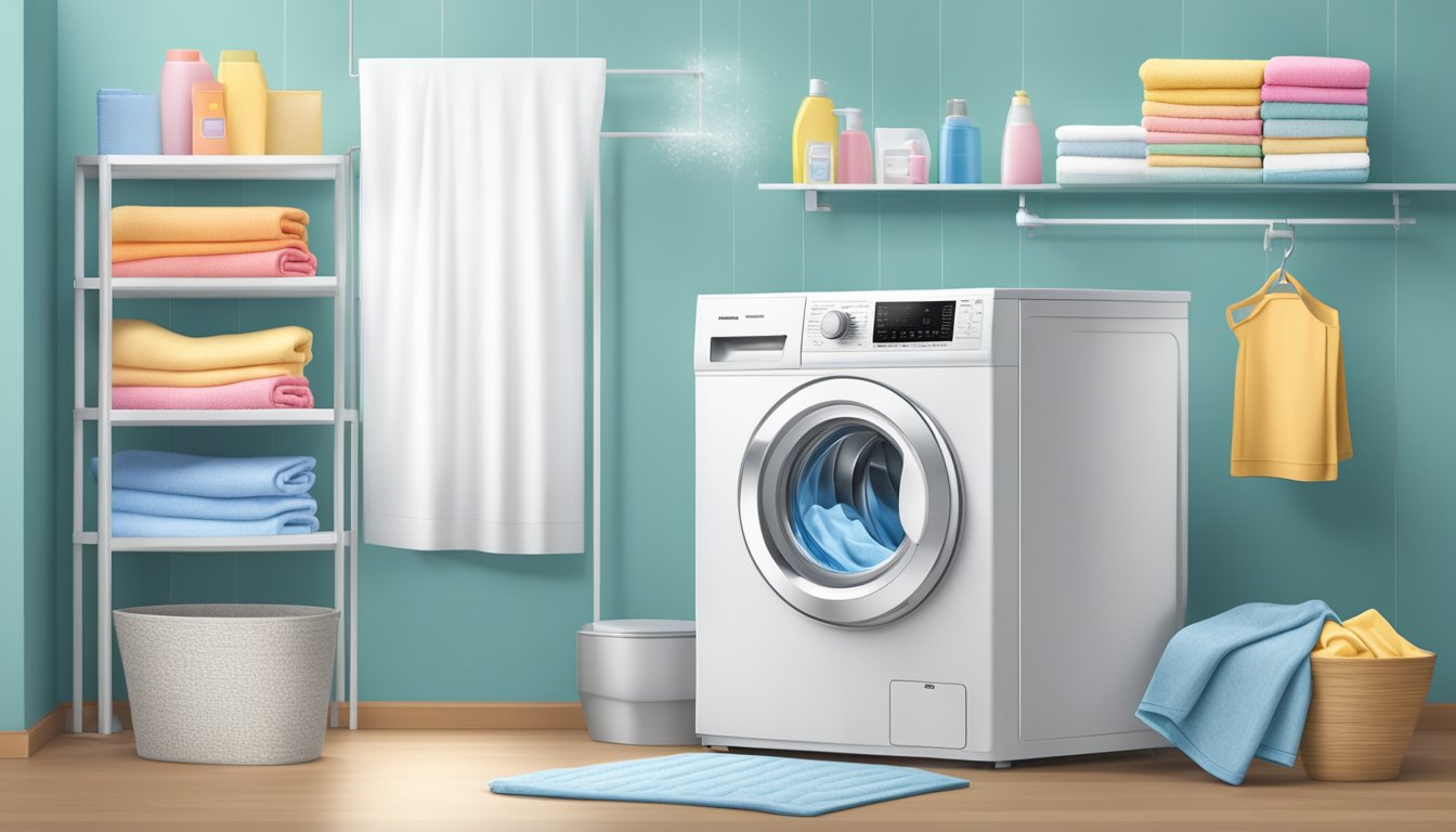 A sleek front load washing machine with advanced technology, surrounded by laundry detergent, fabric softener, and neatly folded towels