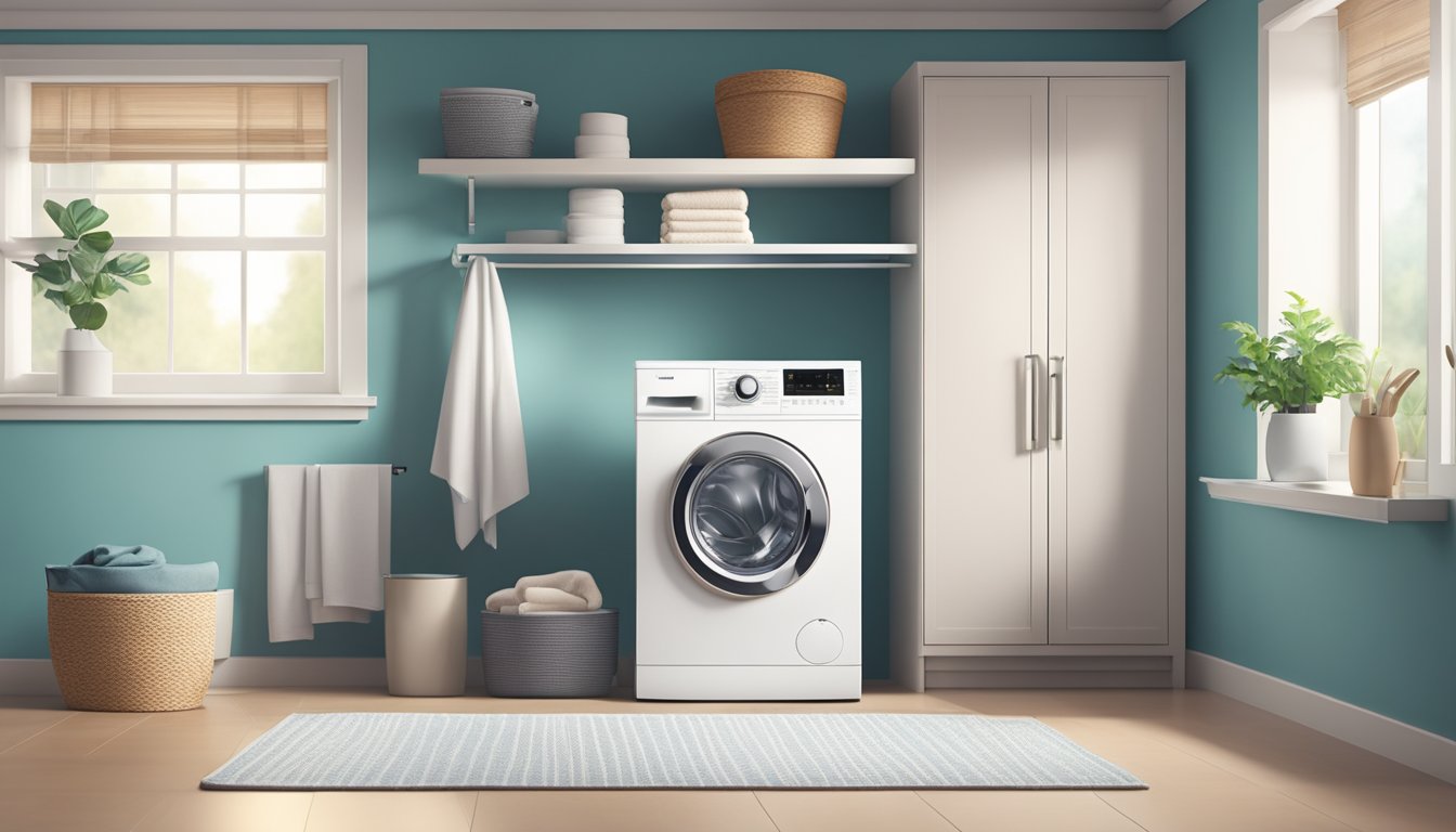 A modern front load washing machine in a clean, well-lit laundry room with a stack of neatly folded towels nearby
