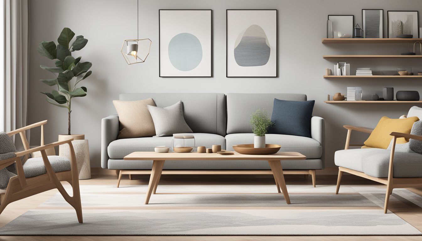 Clean lines, minimalistic furniture, natural materials, and neutral colors define the Scandanavian design. A cozy living room with a sleek sofa, wooden coffee table, and geometric rug captures the essence