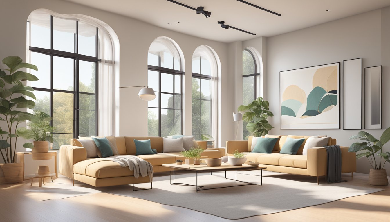 Clean lines, minimalistic furniture, natural materials, and neutral colors in a bright, airy room with large windows and simple, functional decor