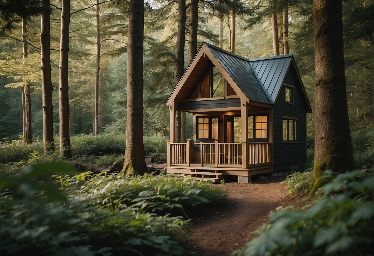 A tiny house nestled in a lush forest clearing, surrounded by towering trees and a babbling brook