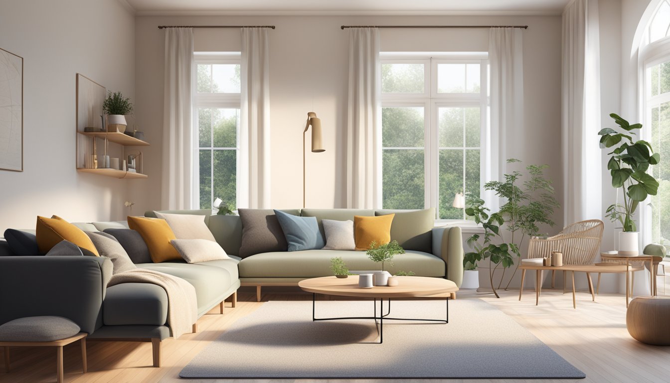 A cozy living room with minimalist furniture and clean lines. Natural light floods the space, highlighting the simplicity and functionality of Scandinavian design