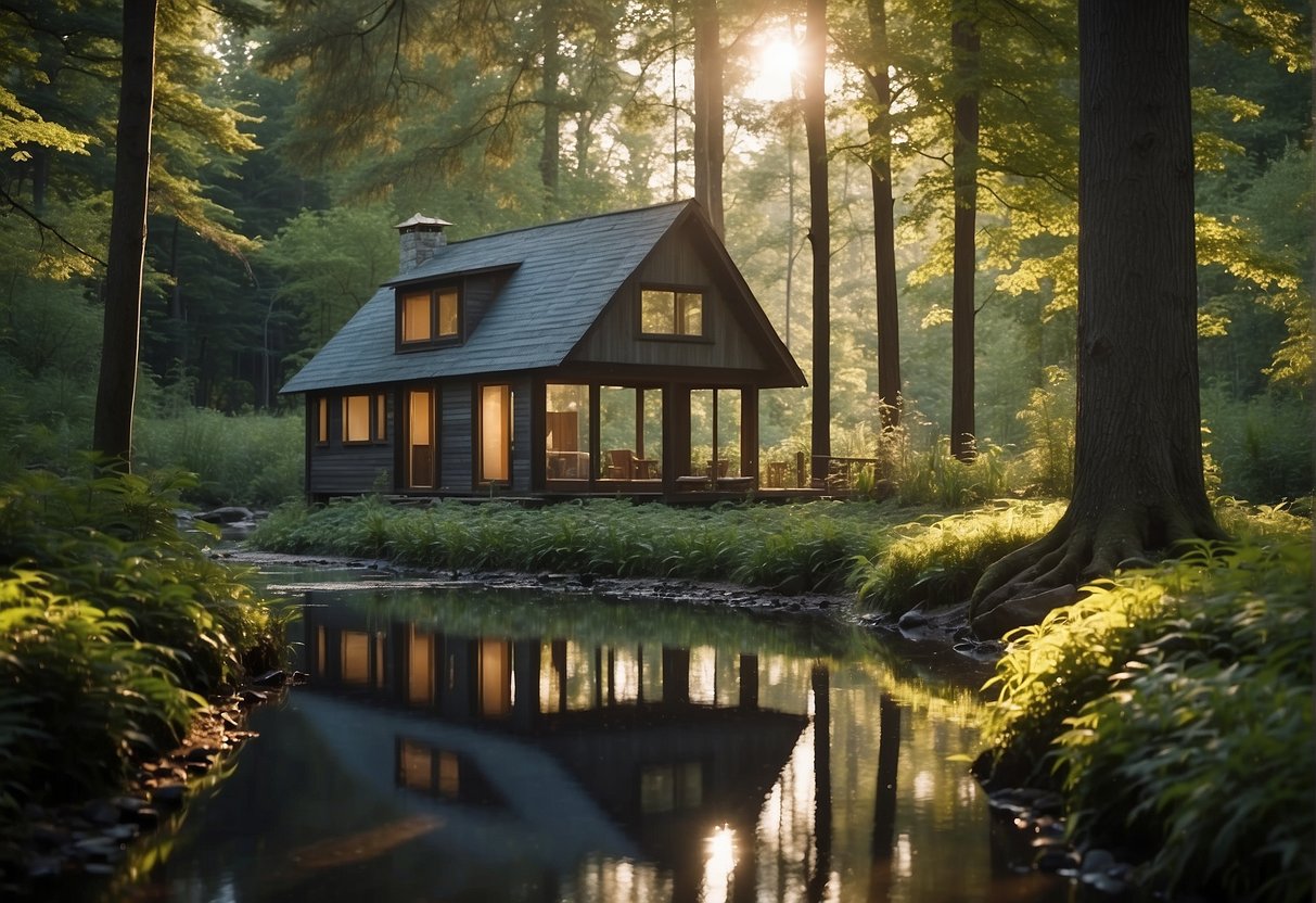 A serene forest clearing with a small stream nearby, surrounded by towering trees and dappled sunlight, provides the perfect location for a tiny house