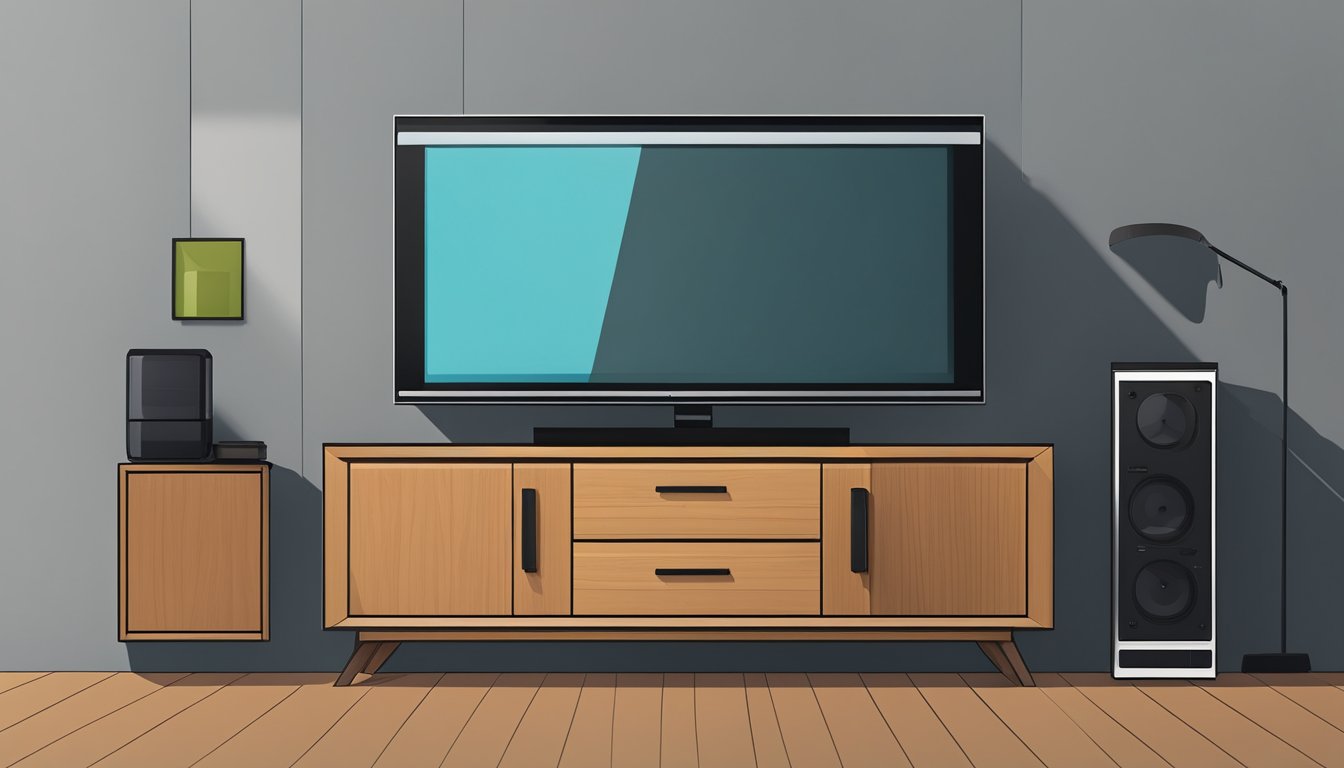 A small TV console sits against the wall, holding a flat-screen TV and a few electronic devices. The console is made of dark wood and has a sleek, modern design