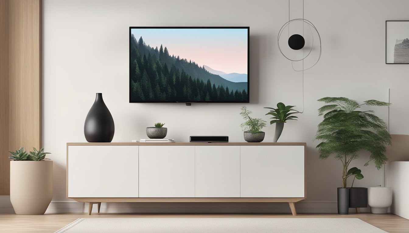 A small TV console sits against a white wall, with a sleek design and minimalistic features. It is adorned with a few decorative items and a small potted plant, creating a modern and cozy ambiance