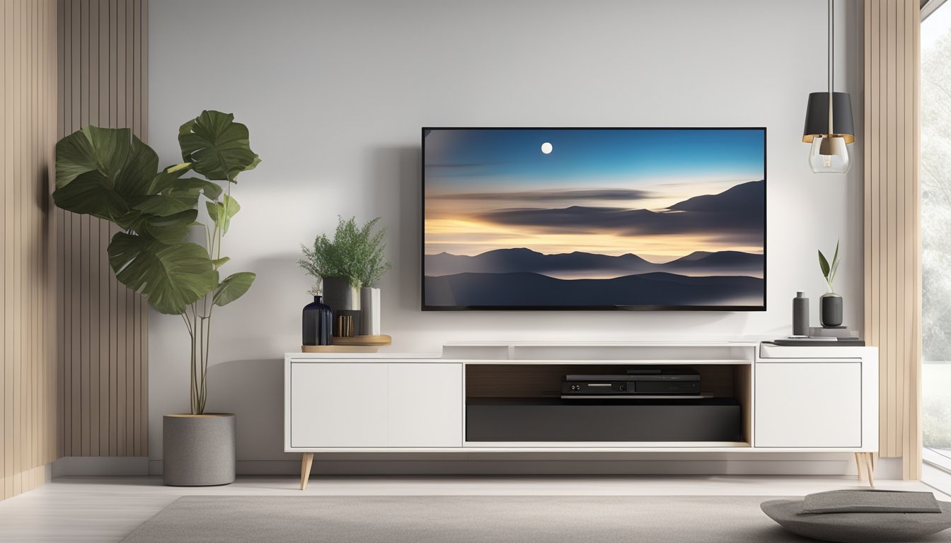 A small TV console sits against a white wall, with a sleek and modern design. The console is adorned with minimalist decor, and the surrounding area is tidy and inviting