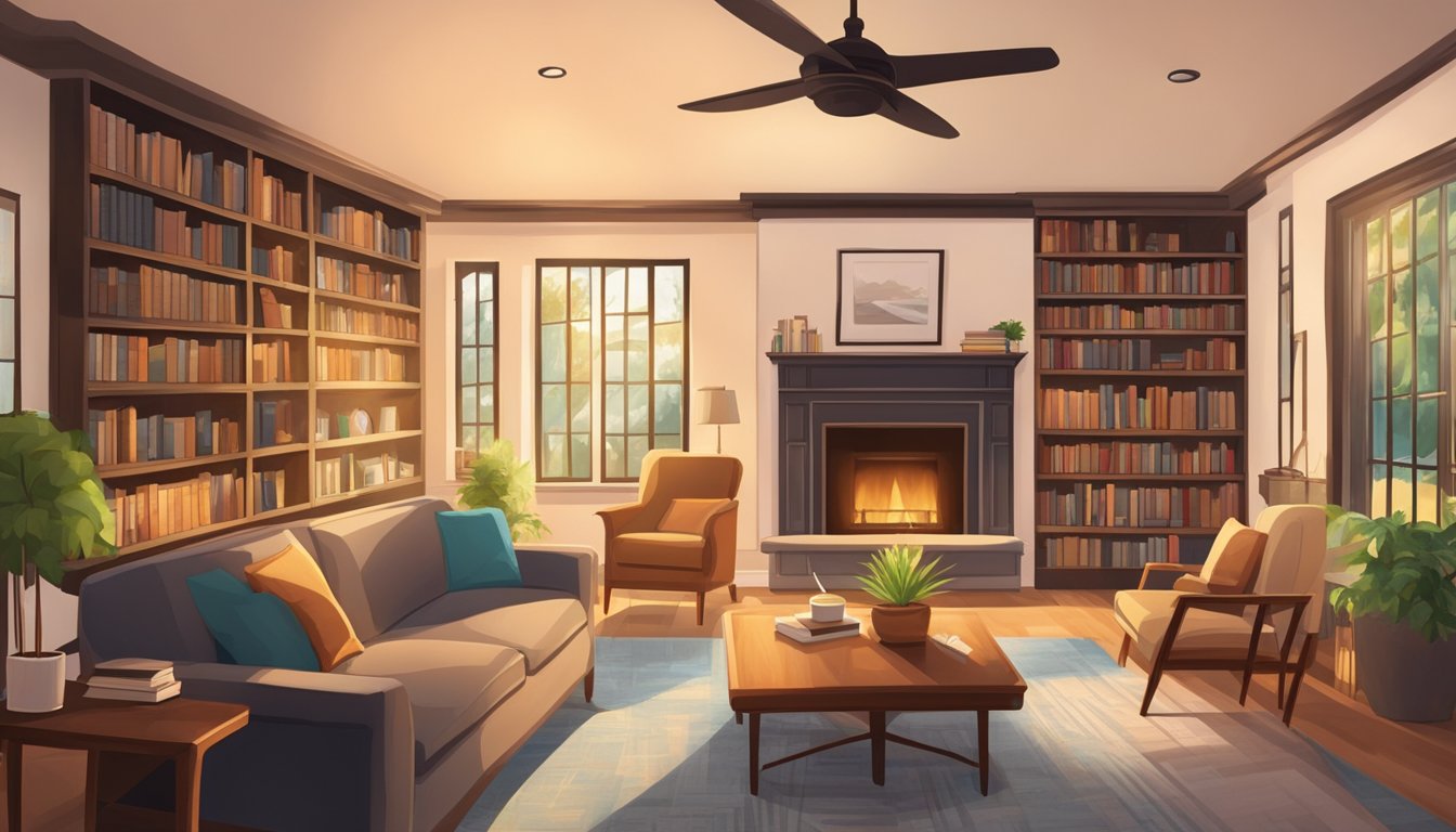 A cozy living room with a fireplace, bookshelves, and comfortable seating. Warm light spills from the windows, creating a welcoming atmosphere