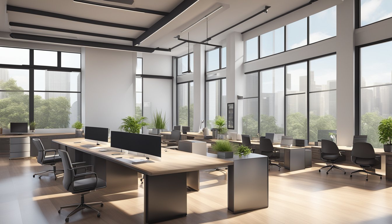 A sleek, modern office space with clean lines and high-end furniture. Large windows allow natural light to fill the room, highlighting the attention to detail in the design. Professional insights are displayed through tasteful decor and elegant finishes