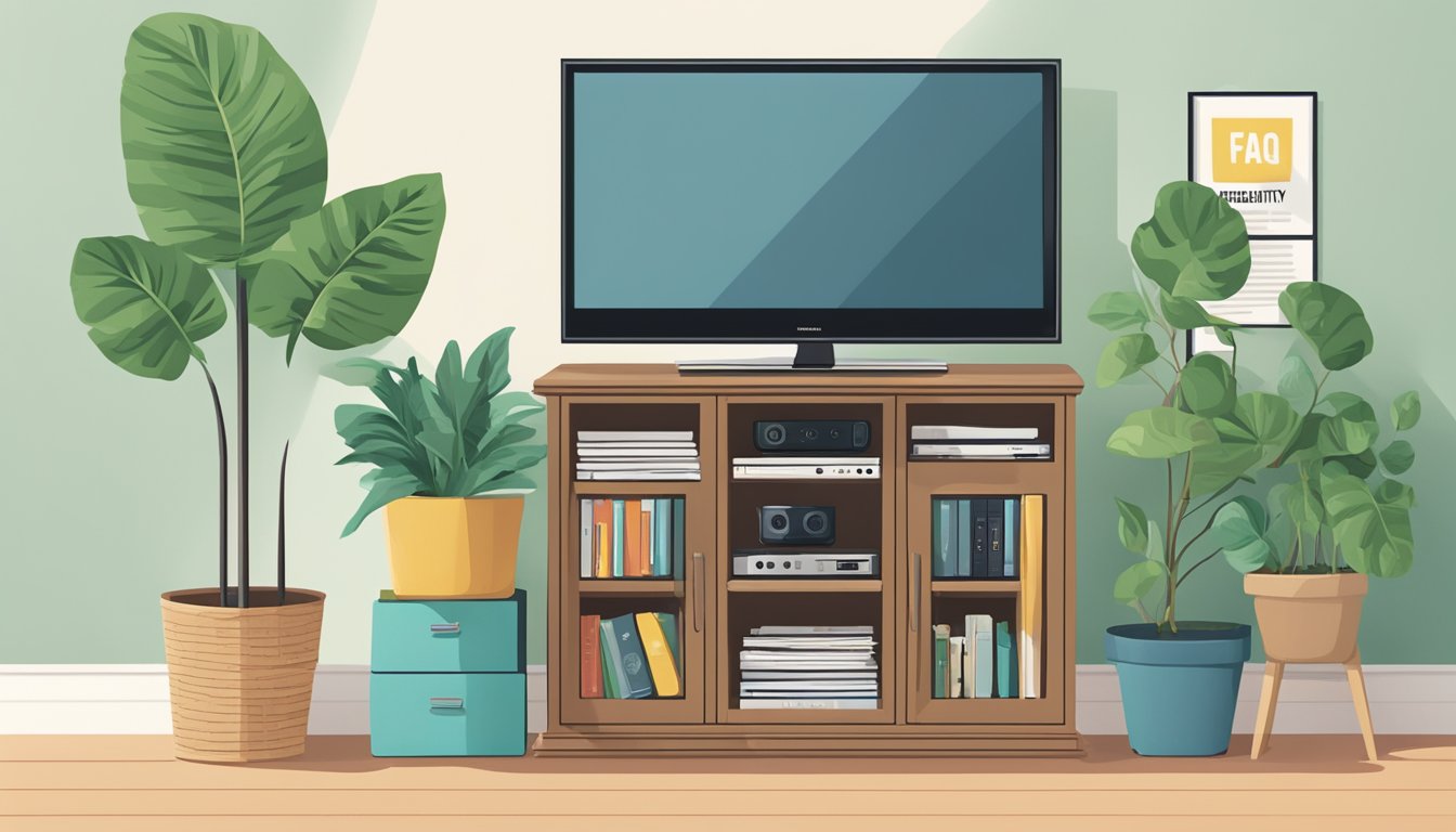 A small TV console with a stack of FAQ brochures, a remote control, and a potted plant on top. A wall-mounted TV displays the words "Frequently Asked Questions" in bold letters