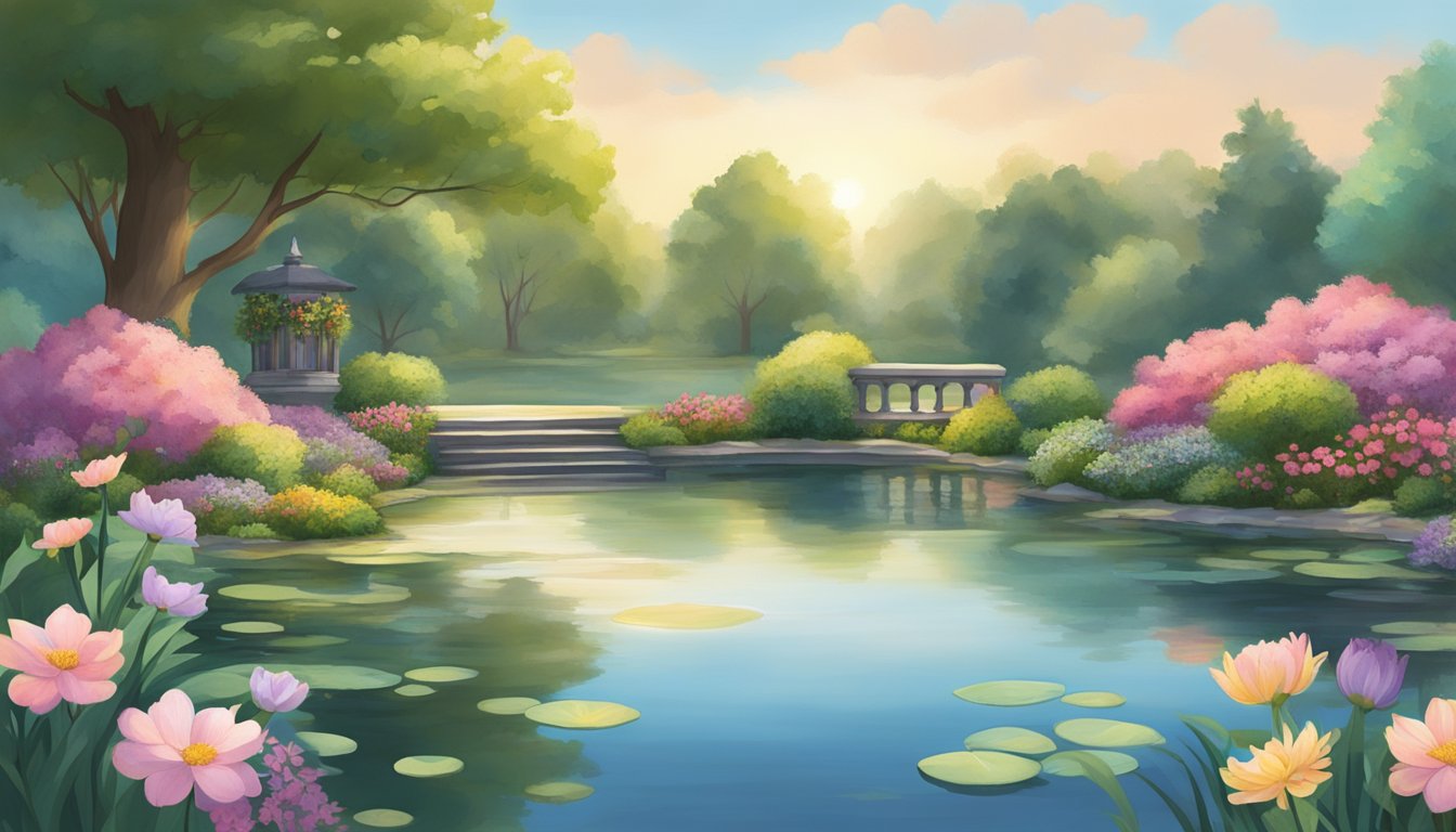 A serene garden with blooming flowers and a tranquil pond reflects Yang's inspiration design