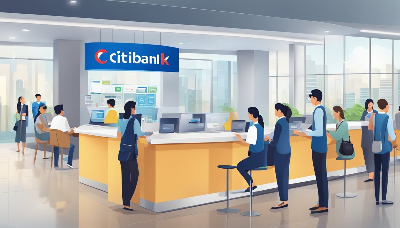 A self-employed individual in Singapore applies for a Citibank Quick Cash Loan at a modern, bustling bank branch with friendly staff and efficient service