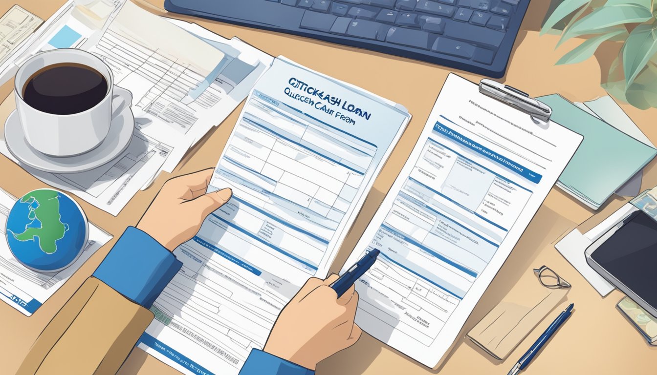 A person in a Singapore office fills out a Citibank Quick Cash Loan application form. They provide their employment details and submit the paperwork