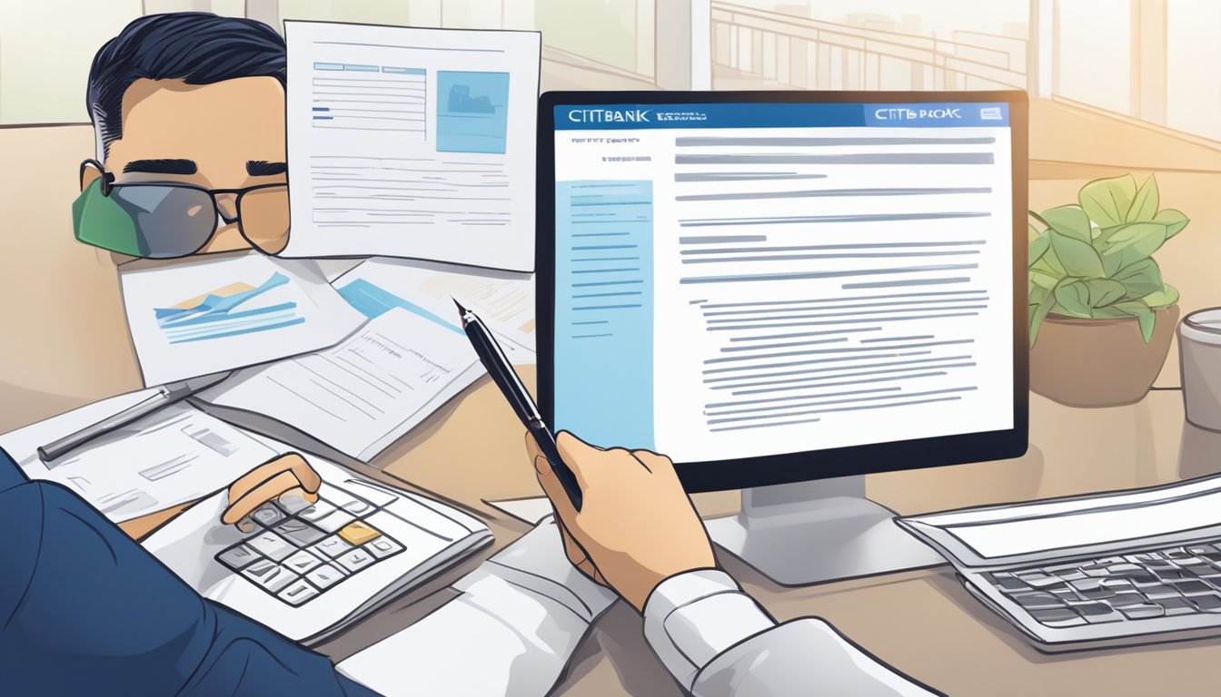A self-employed individual in Singapore signing a loan agreement with Citibank, with clear repayment terms displayed on the document