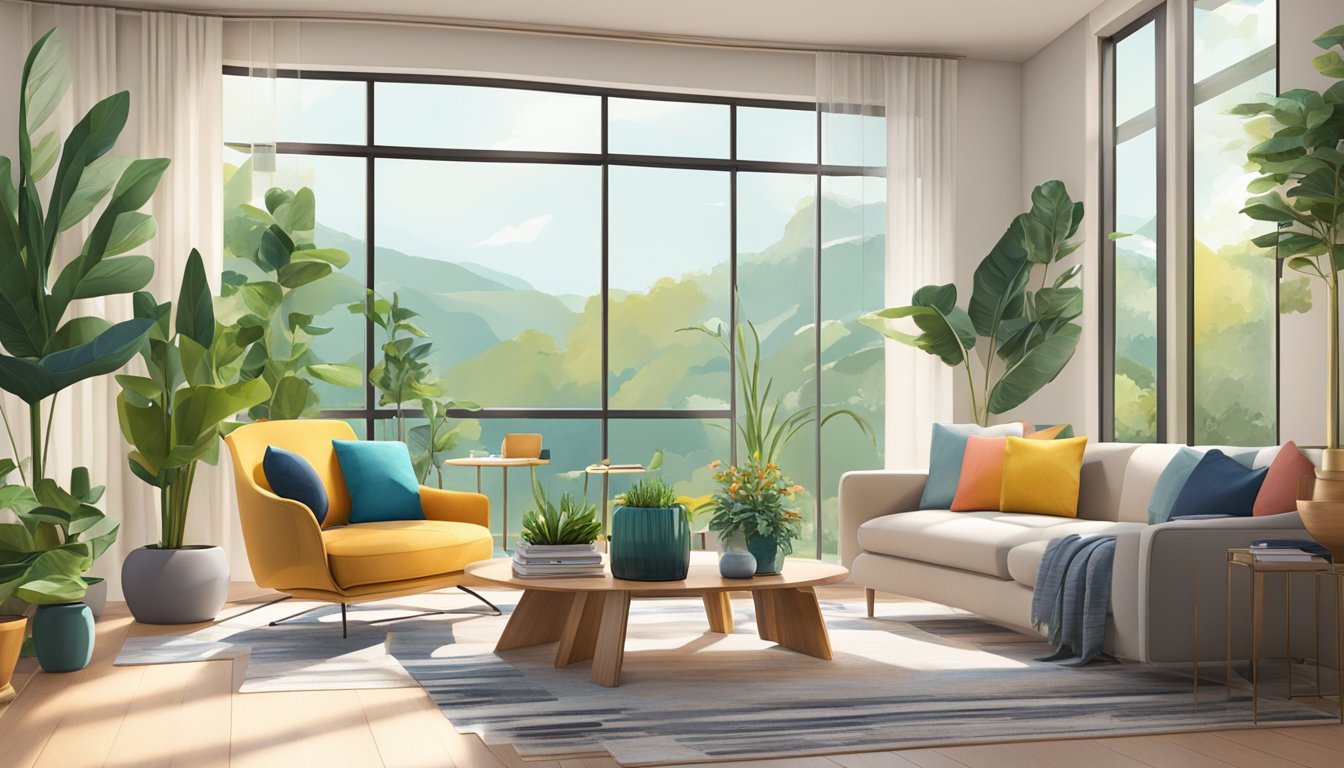 A room with vibrant colors, modern furniture, and unique art pieces. Plants and natural light create a welcoming atmosphere