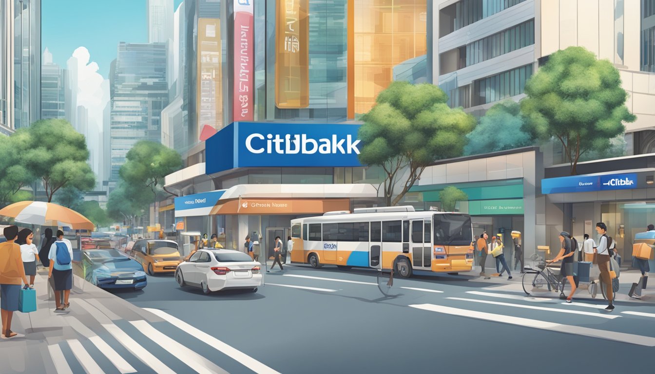 A busy city street with various bank branches, Citibank standing out with a prominent sign advertising Quick Cash Loans for Self-Employed in Singapore
