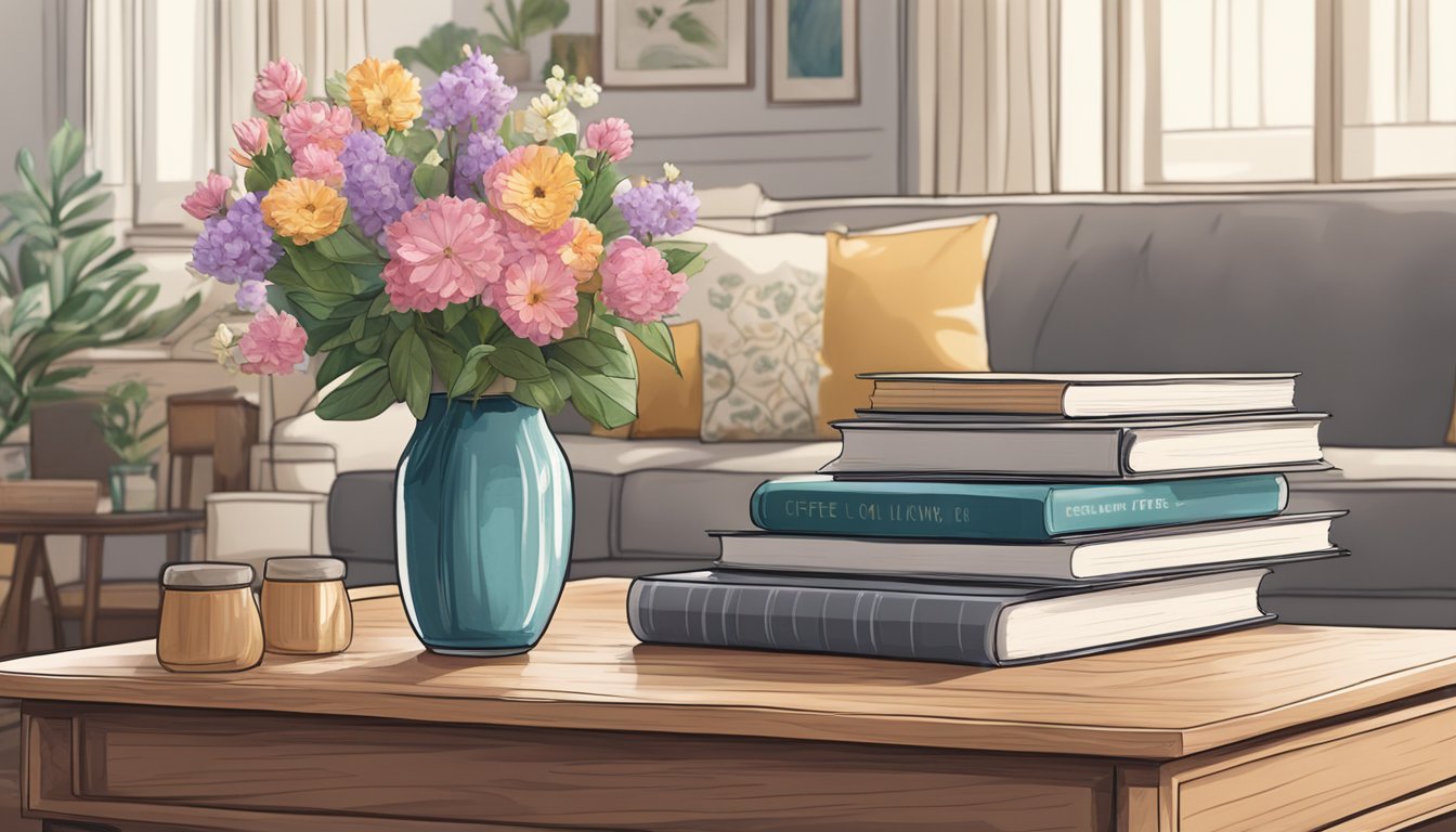 A wood coffee table sits in a cozy living room, adorned with a stack of books and a vase of fresh flowers