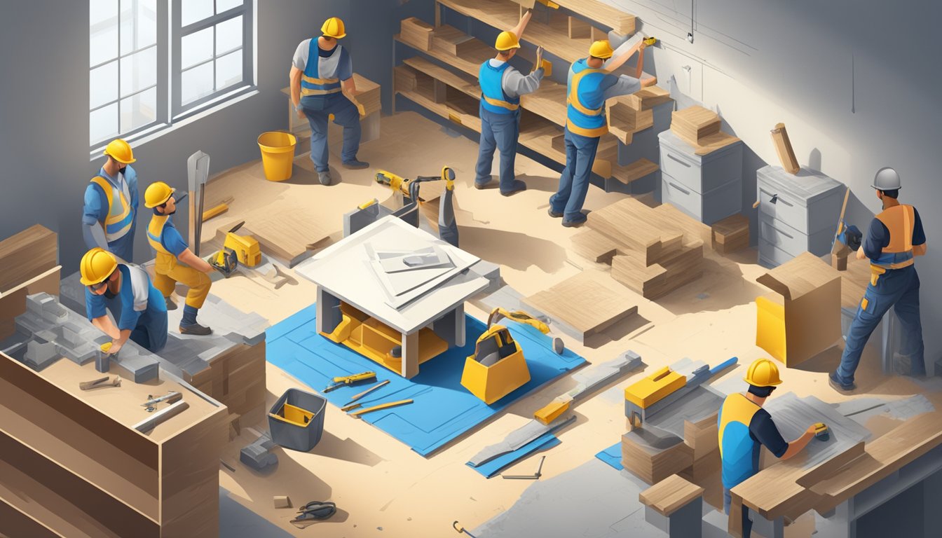 A busy construction site with workers renovating a room, tools and materials scattered around, and a blueprint on a table