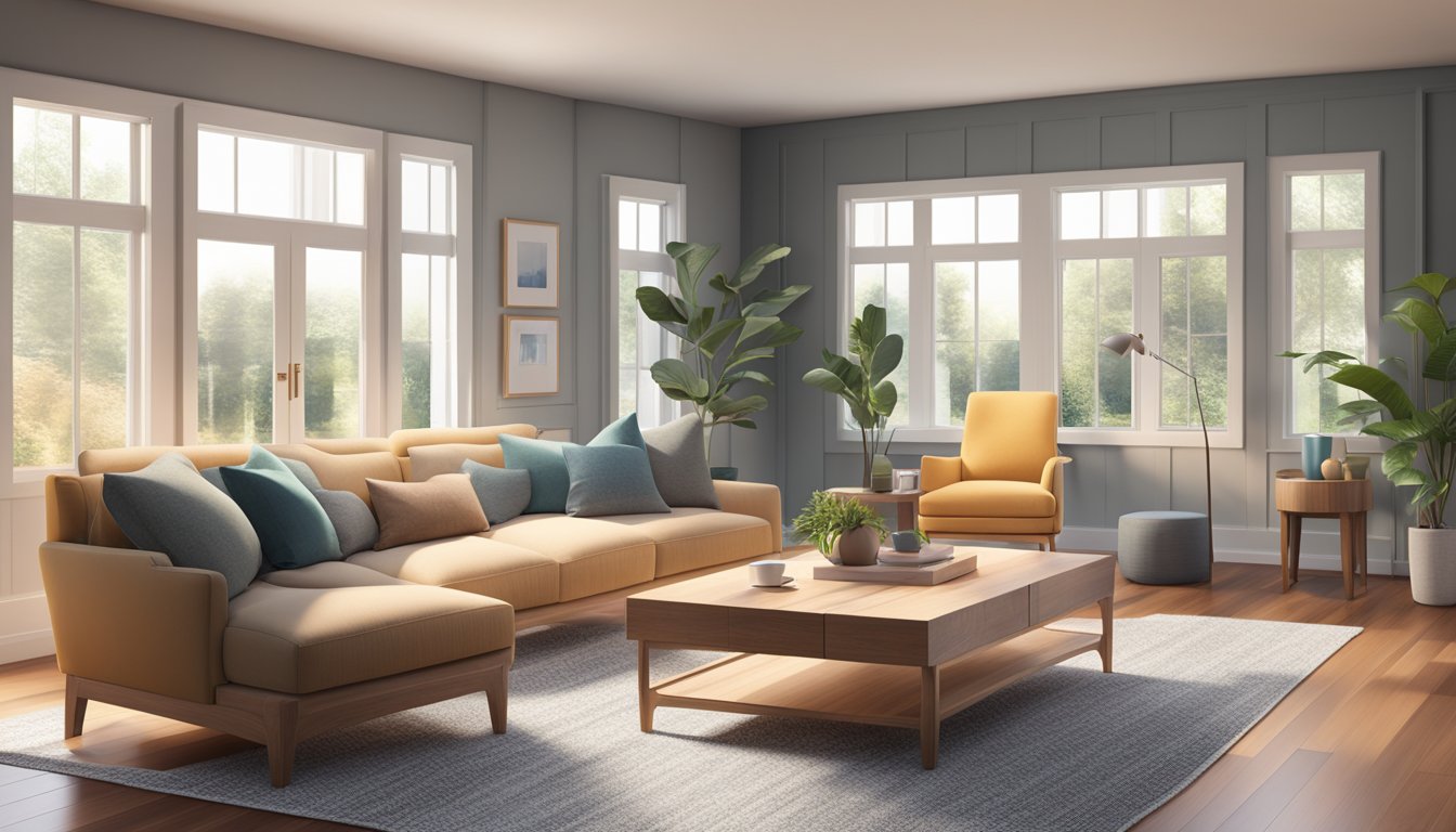 A cozy living room with a large window, a plush rug, and a sleek wood coffee table surrounded by comfortable chairs and a soft sofa