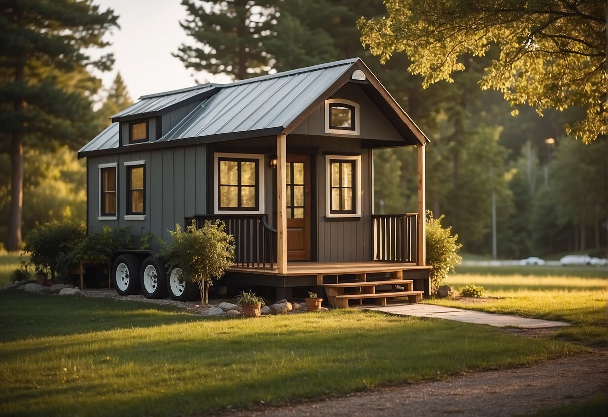 A tiny house sits on a grassy lot, surrounded by trees. A price tag hangs from the front porch, indicating the cost