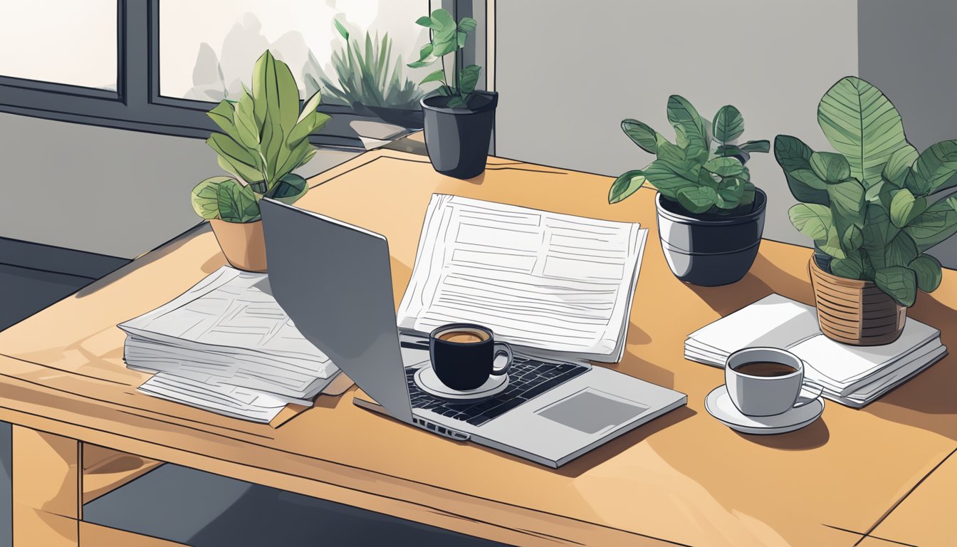 A wood coffee table with a stack of papers, a laptop, and a mug of coffee on top. A small potted plant sits in the corner