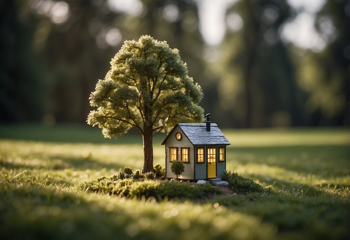 A tiny house sits on a grassy lot, surrounded by trees. A price tag hovers above, with dollar signs and question marks